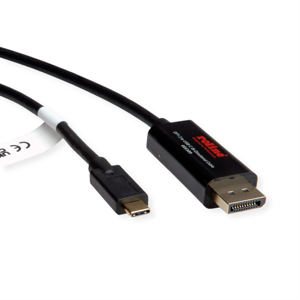 Een zwart-witte USB-C naar DisplayPort-kabel.