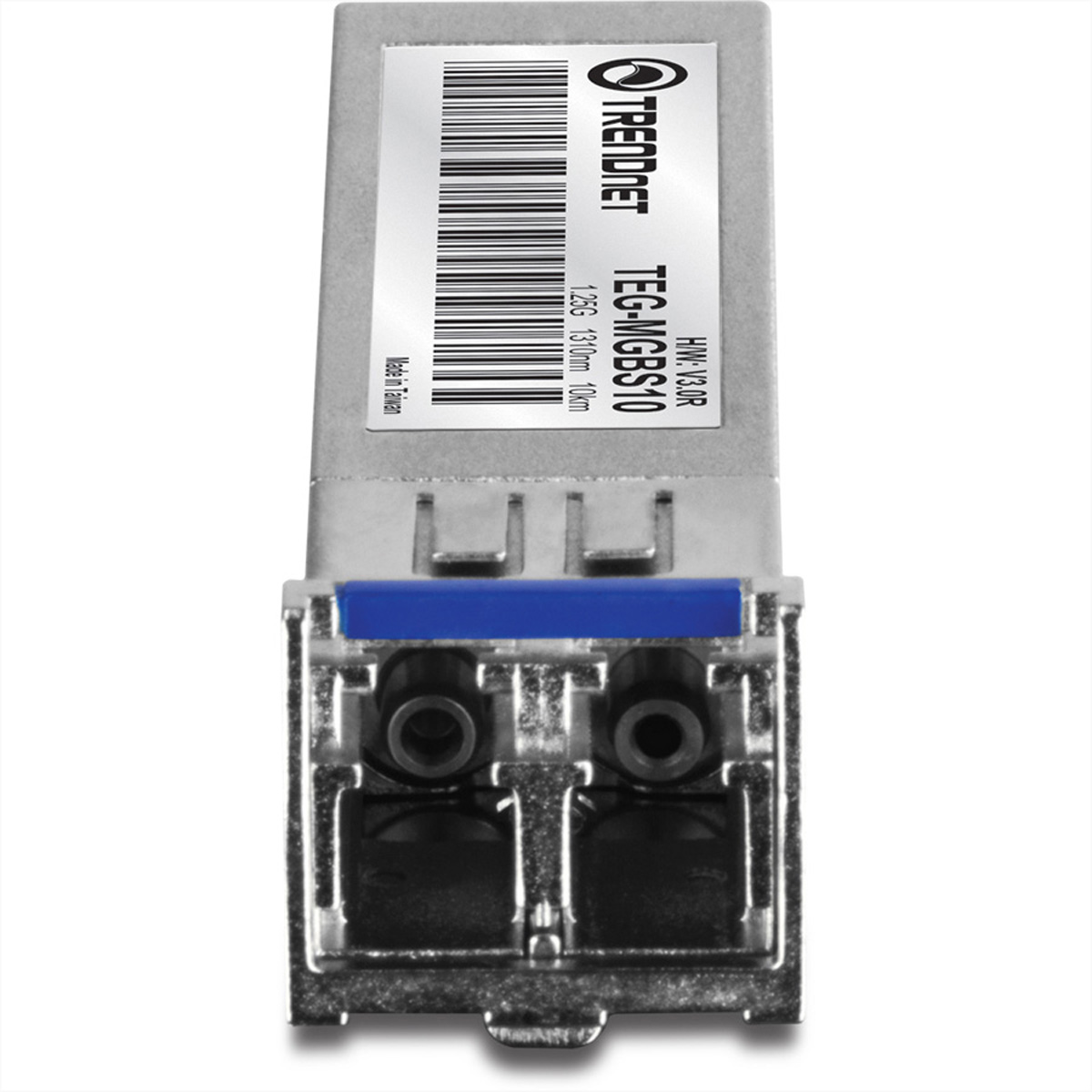 TRENDnet TEG-MGBS10 SFP-transceiver. Metalen behuizing, label en blauwe connector. Witte achtergrond.
