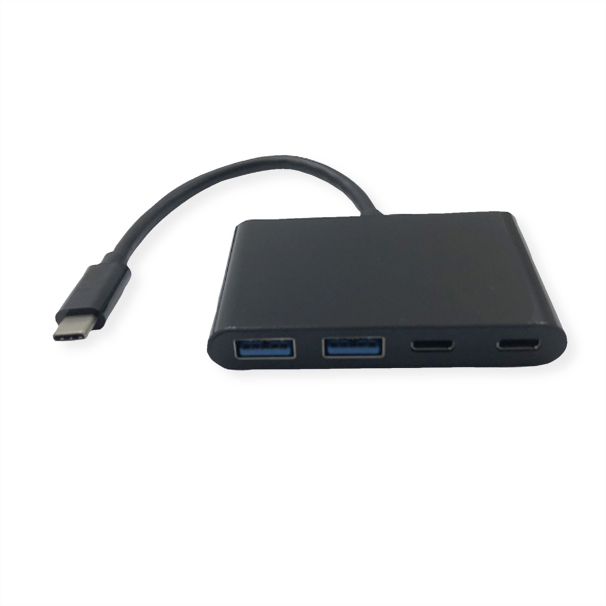 Schwarzer USB-C-Hub mit USB-Anschlüssen und Kartenleser.