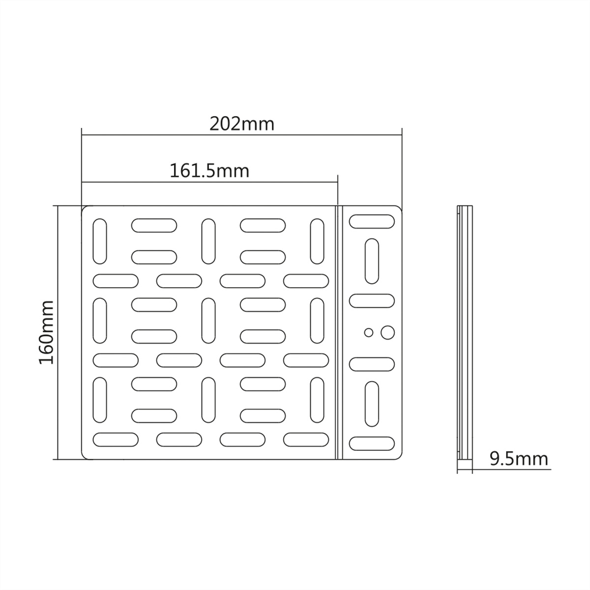 Diagram of a metal plate with dimensions in mm. Rectangular plate with various holes and cutouts.