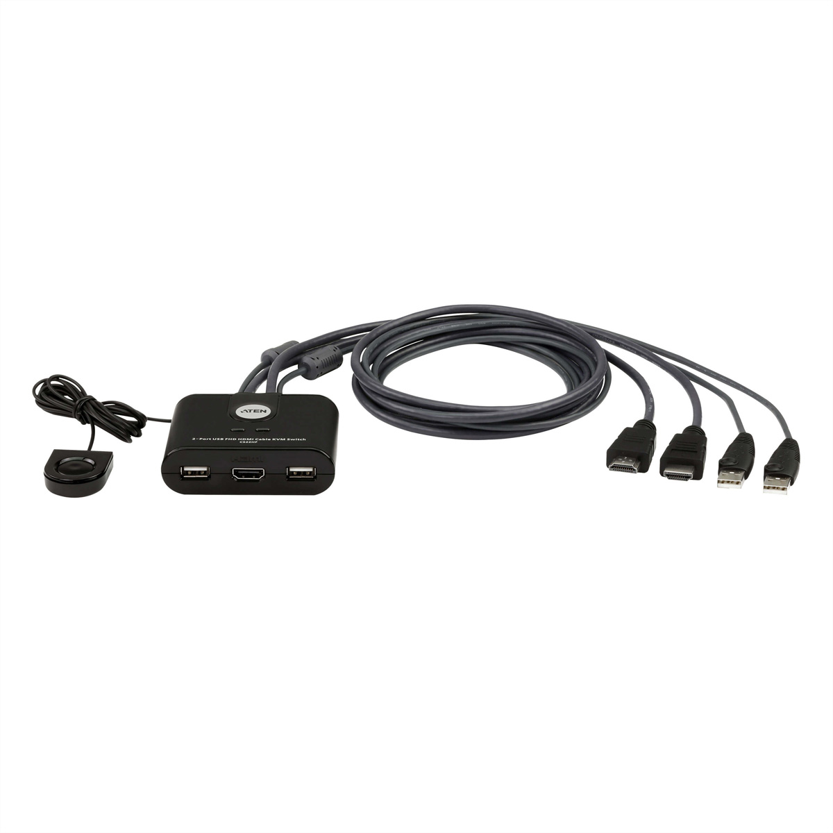 Black USB switch with multiple connected cables and connectors.