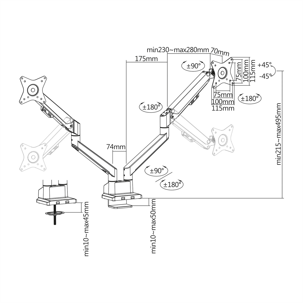 Diagramm einer Doppelarm-Monitorhalterung mit Maßen auf weißem Hintergrund.