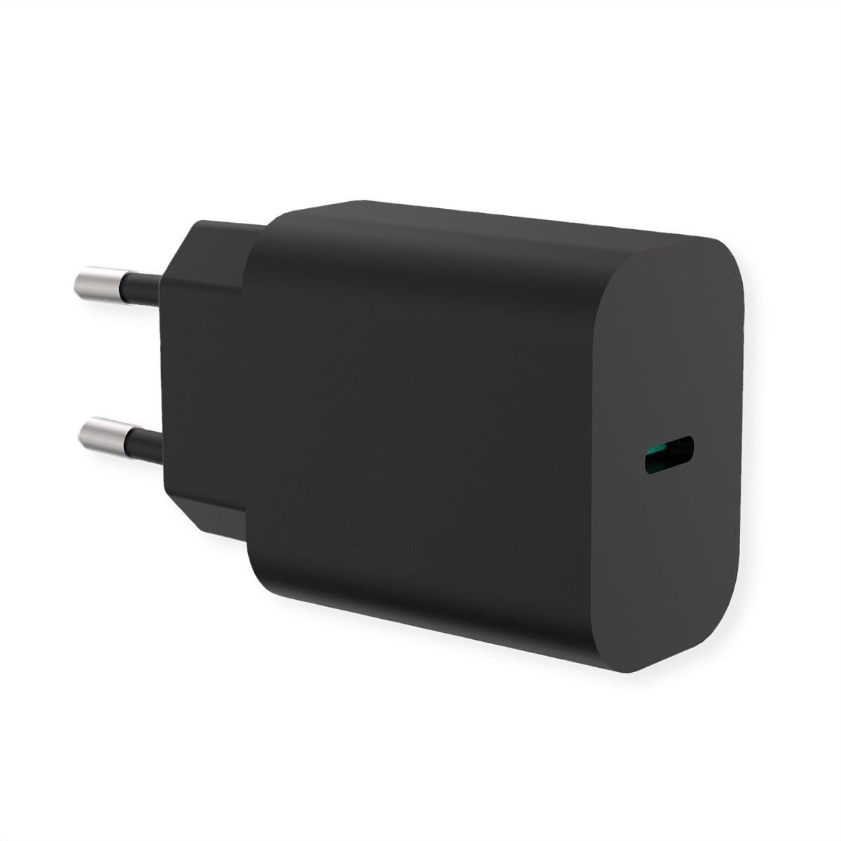 Zwarte voedingsadapter met twee pinnen en een USB-C-poort.