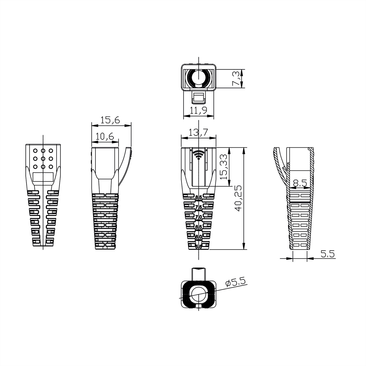 Dessin technique d'un connecteur. Montre les dimensions et les détails, y compris une ouverture circulaire.