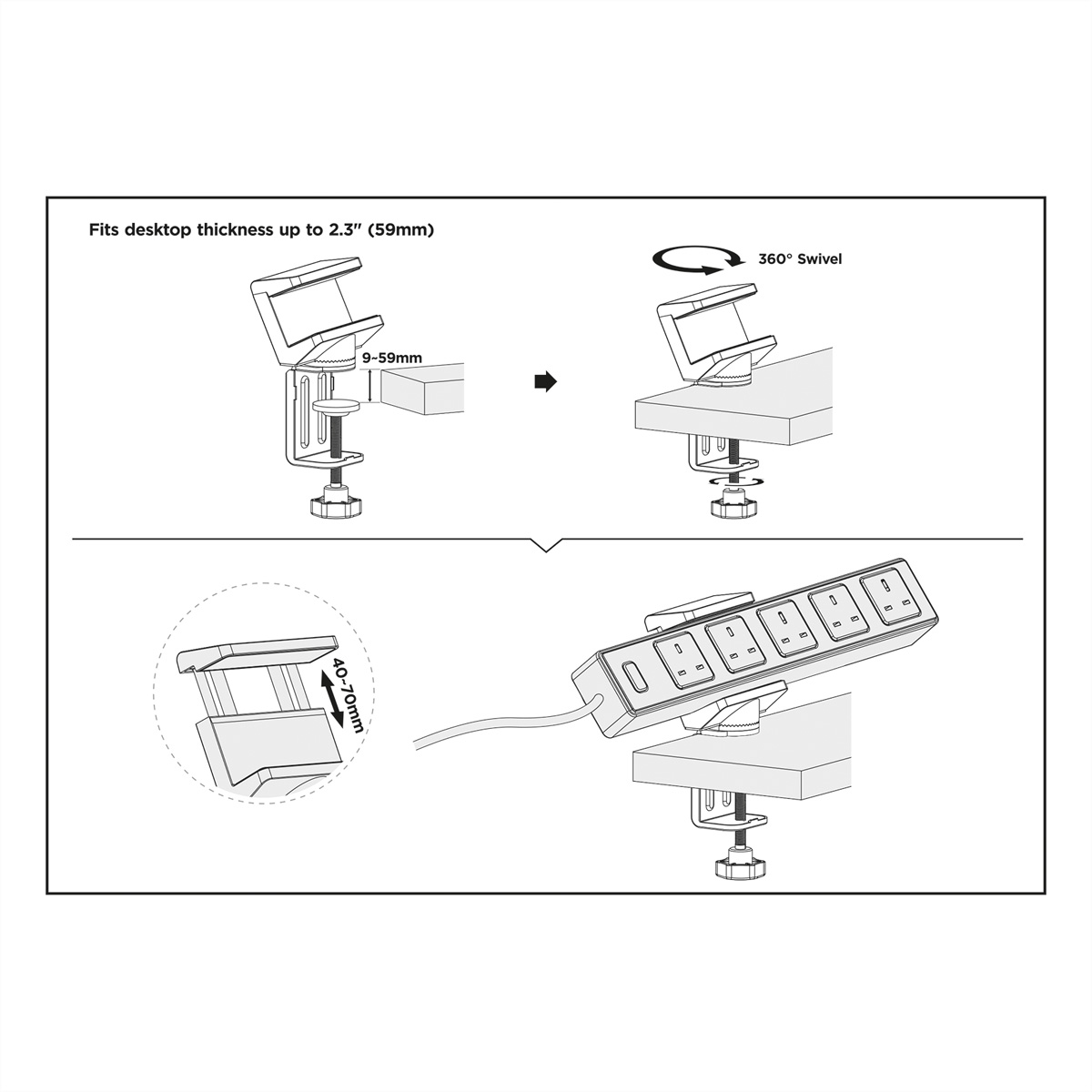 Diagramm eines am Schreibtisch montierten Steckdosenleiste. Es zeigt die verstellbare Klemme, den Drehmechanismus und die Befestigung am Schreibtisch.