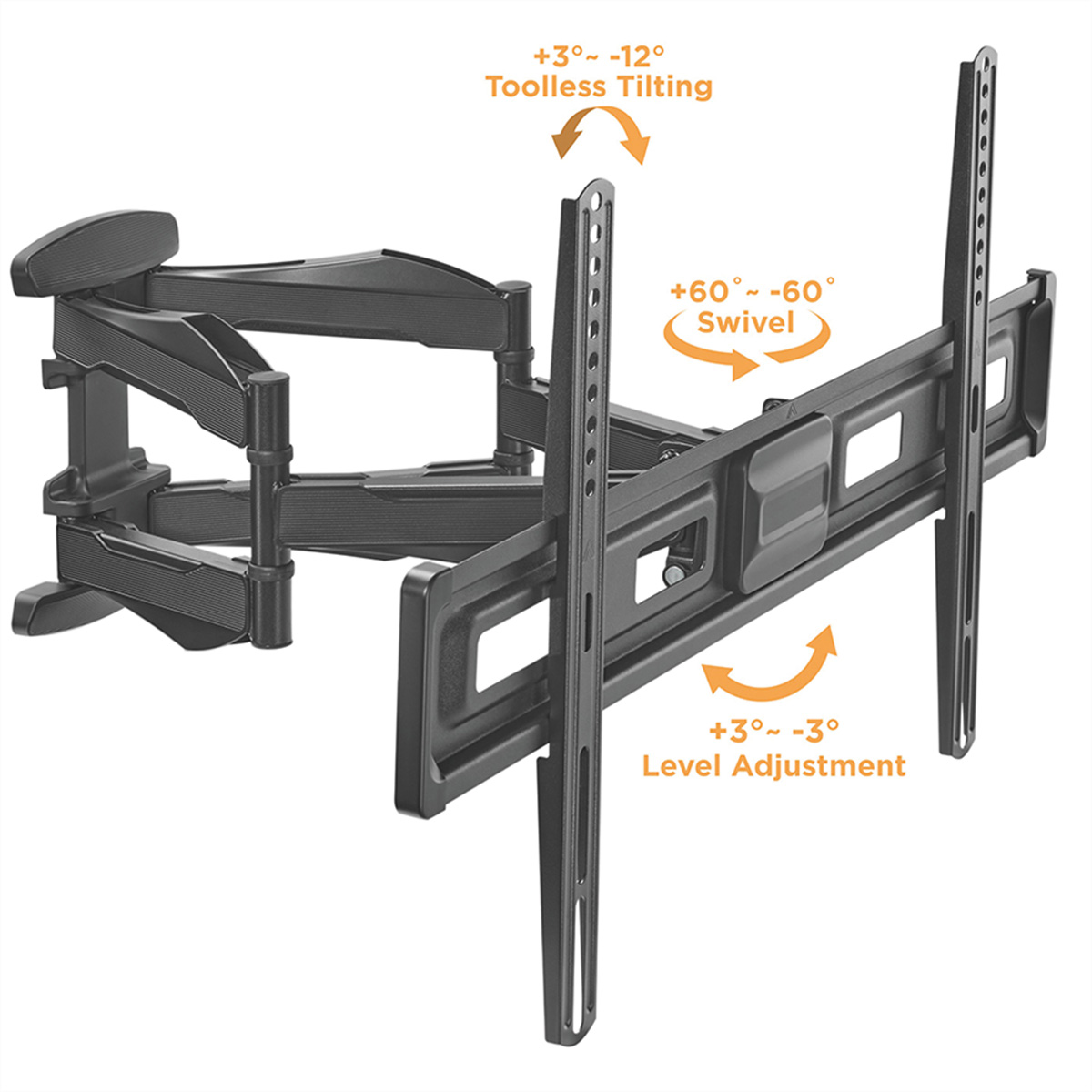 Soporte de pared para TV negro con opciones de inclinación, giro y ajuste de nivel. Flechas indican estas funciones.