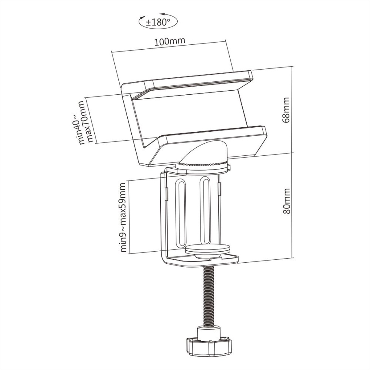 Diagramm eines Telefonhalters mit Abmessungen (100 mm, 68 mm, 80 mm) und verstellbaren Teilen.