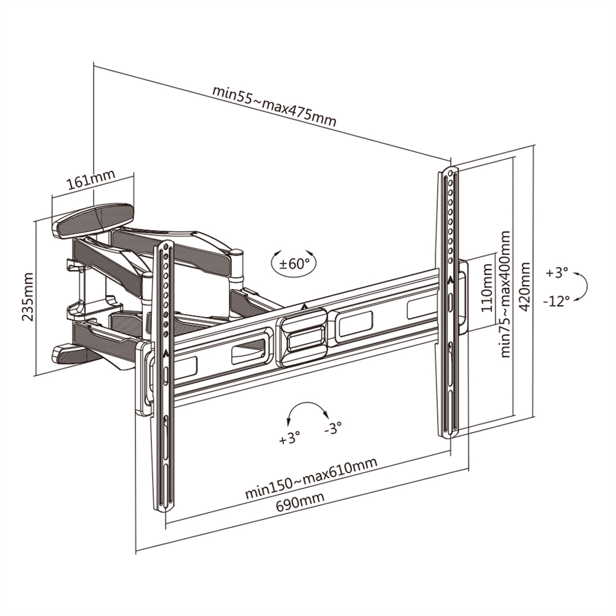 Soporte de pared para TV con medidas y grados mostrados. El soporte es plateado y negro.
