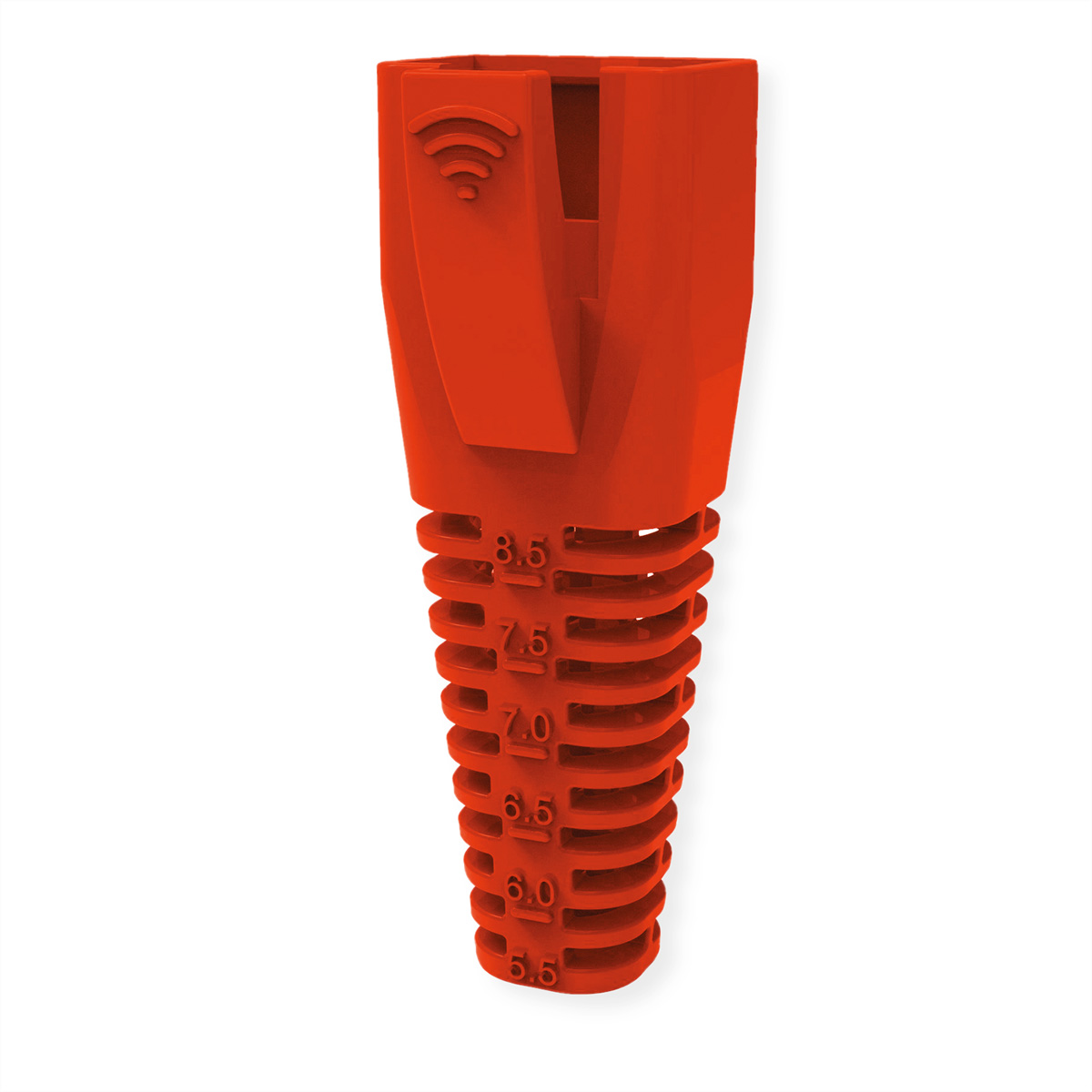 Ein orangefarbenes 3D-gedrucktes Objekt mit Messungen. Oben befindet sich ein rotes Funksignal.