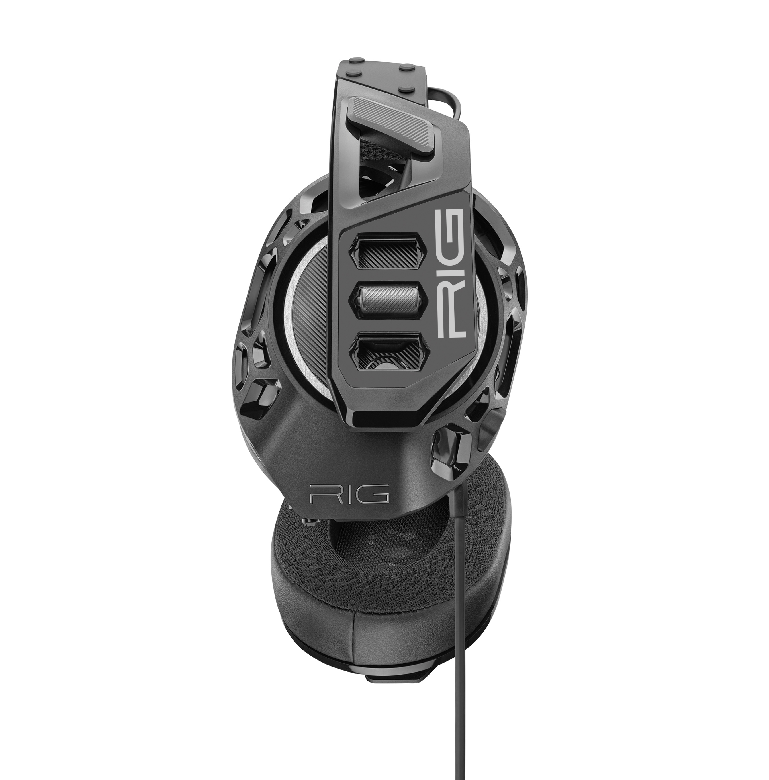Cuffie da gioco RIG nere e grigie con microfono su sfondo bianco. C'è la scritta RIG sopra.