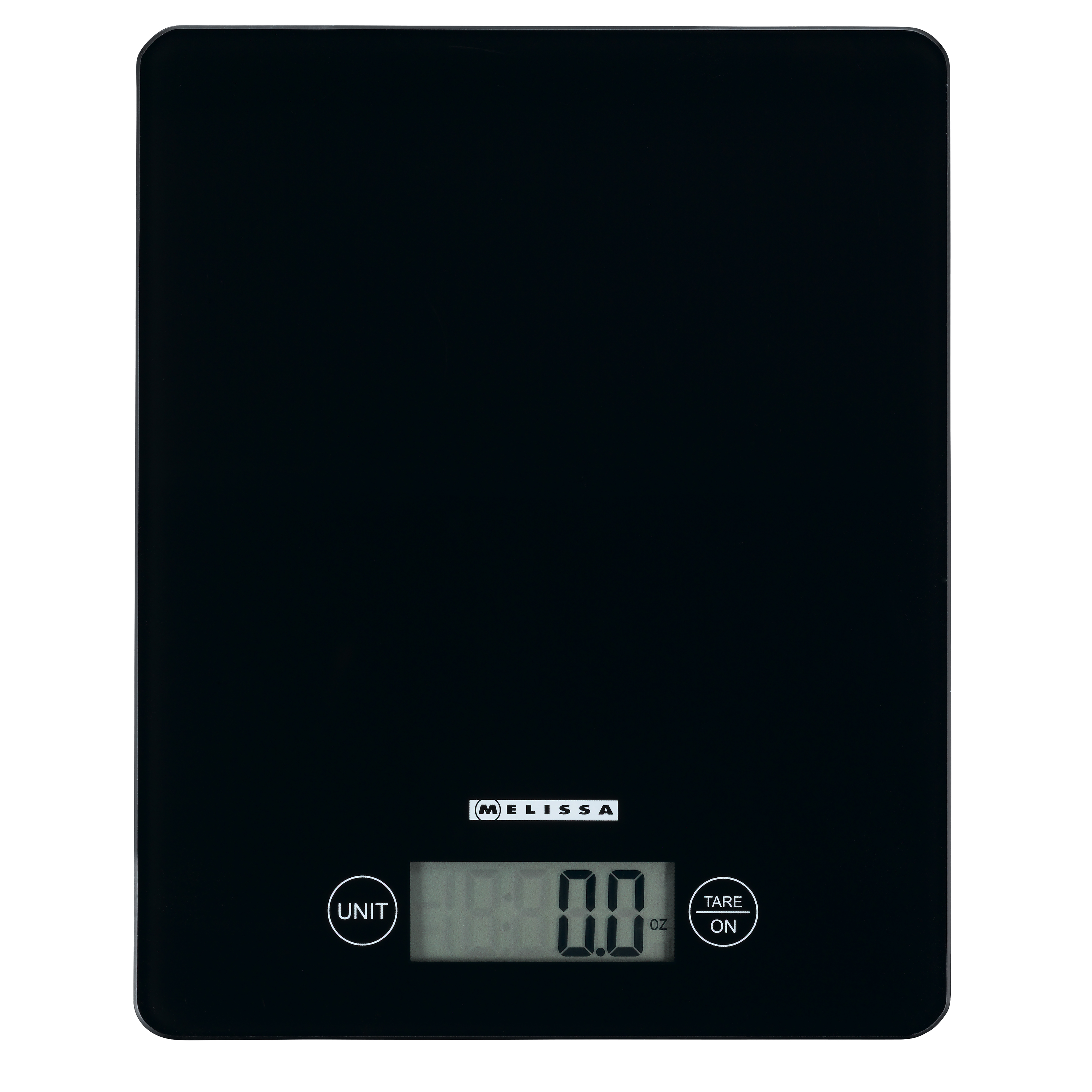 Schwarze digitale Küchenwaage mit Anzeige 0,0 oz und Bedienknöpfen.
