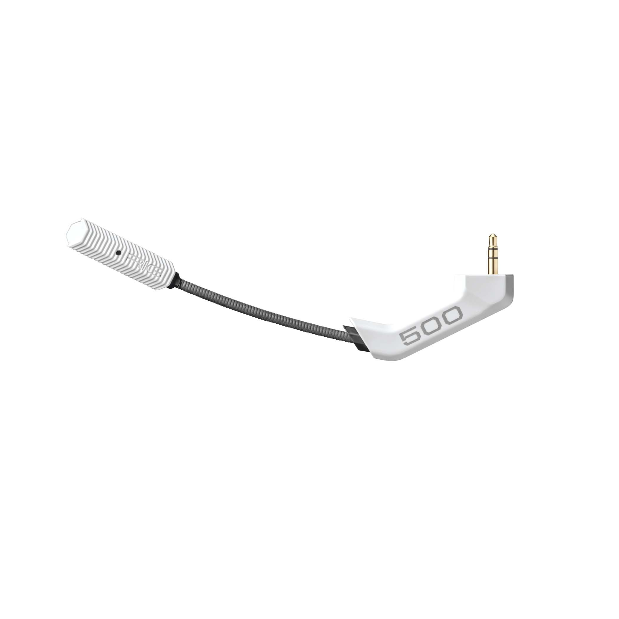 Biały mikrofon z elastycznym czarnym kablem i pozłacanym gniazdem audio na białym tle.