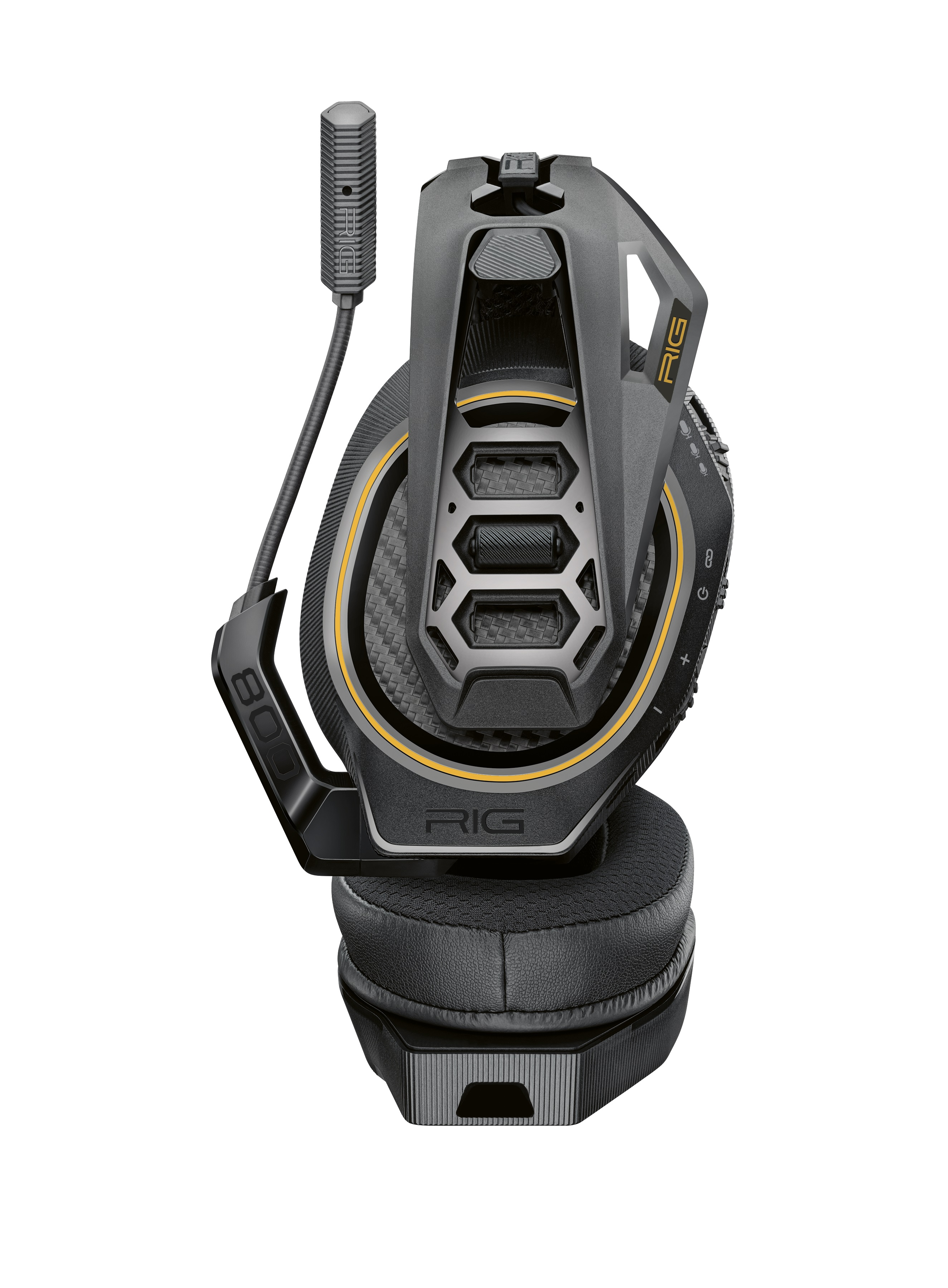 Schwarzes und graues Gaming-Headset mit Mikrofon auf weißem Hintergrund.