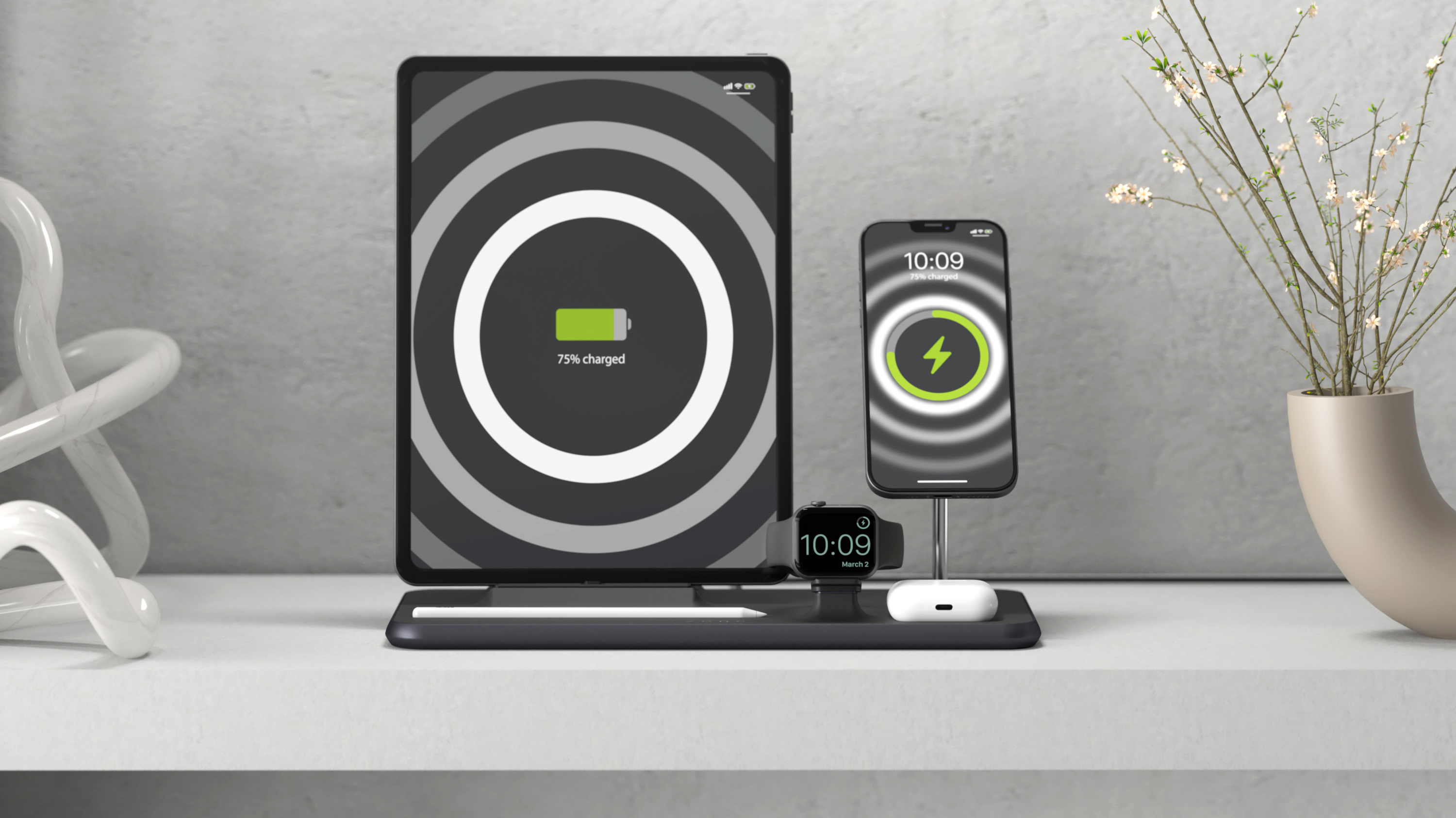 Estación de carga inalámbrica con carga de tableta, teléfono y reloj. Todos los dispositivos se cargan.