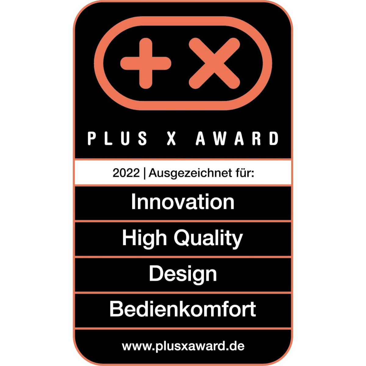 Odznaka Plus X Award: pomarańczowa i czarna, wymienia 'Innowacja', 'Wysoka jakość', 'Design' i 'Bedienkomfort'.
