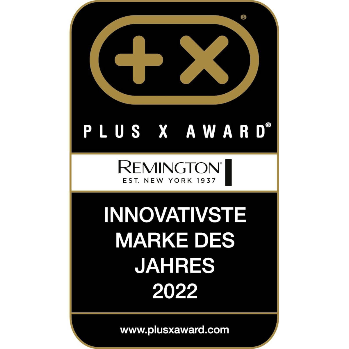 Czarna i złota nagroda dla Remingtona, z tekstem: "INNOVATIVSTE MARKE DES JAHRES 2022".