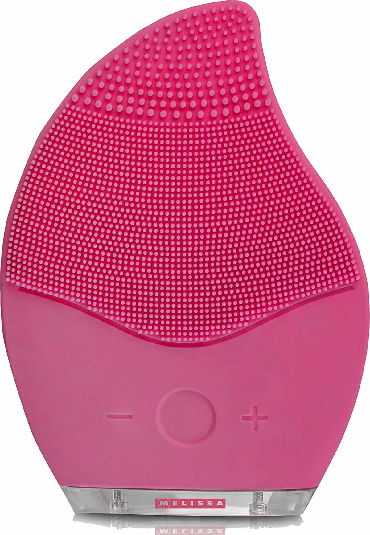 Różowa szczotka do czyszczenia twarzy ze srebrną podstawą i przyciskami.