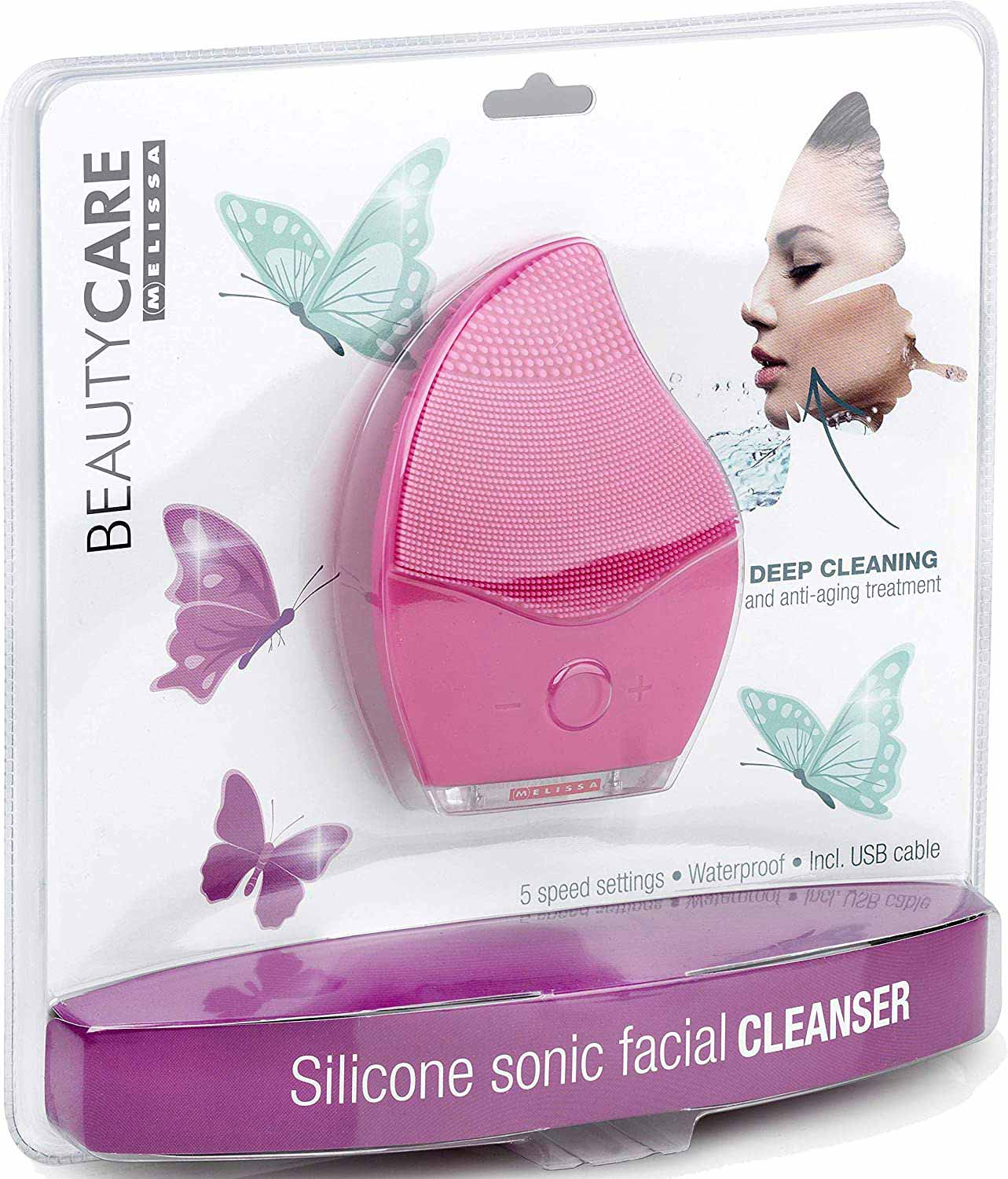 Różowe urządzenie do oczyszczania twarzy w opakowaniu. Motyle i ilustracje twarzy.