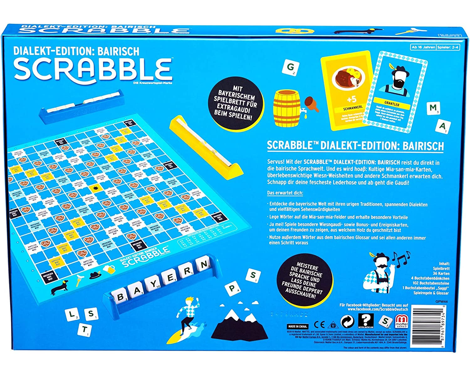 Rückseite einer Scrabble-Spielbox mit deutschem Text, der das Gameplay zeigt.