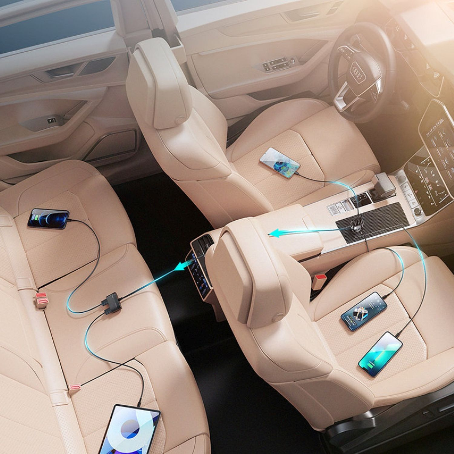 Autoinnenraum mit Handys, die über USB-Kabel geladen werden. Beige Sitze, Armaturenbrett und Mittelkonsole sichtbar.