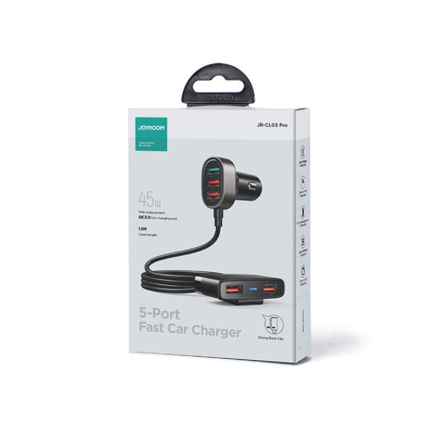 Ein 5-Port-Schnell-Autoladegerät in einer Box. Das Ladegerät ist schwarz und hat einen starken Clip.