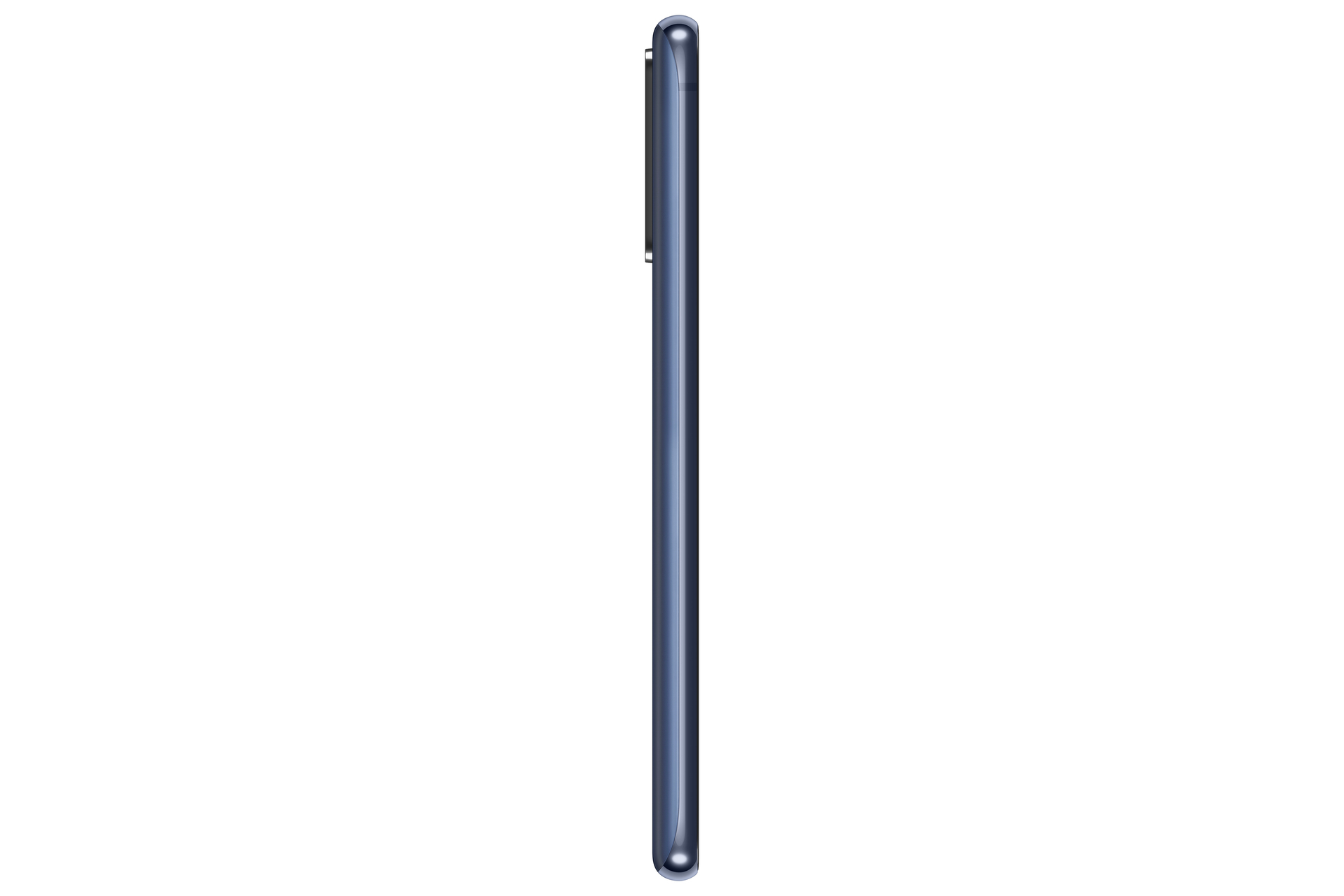 Seitenansicht eines dunkelblauen Samsung-Telefons, das sein Seitenprofil zeigt.