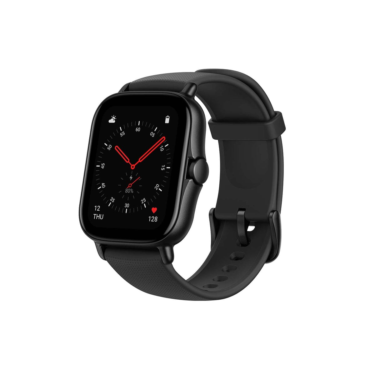 Smartwatch nero con schermo quadrato e cinturino nero, mostra ora e metriche di attività.