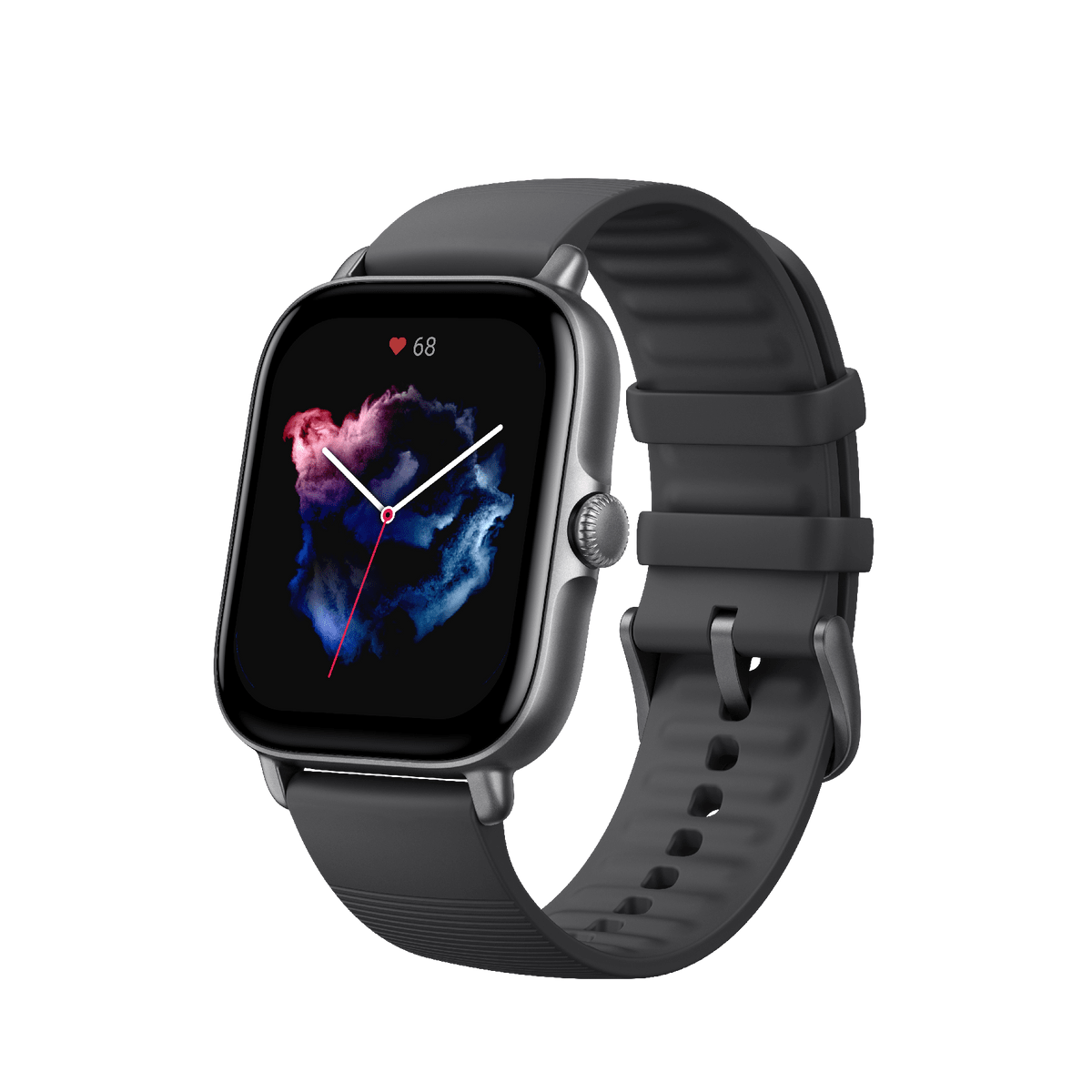 Uno smartwatch nero con cinturino grigio, che mostra un cardiofrequenzimetro su uno schermo nero.