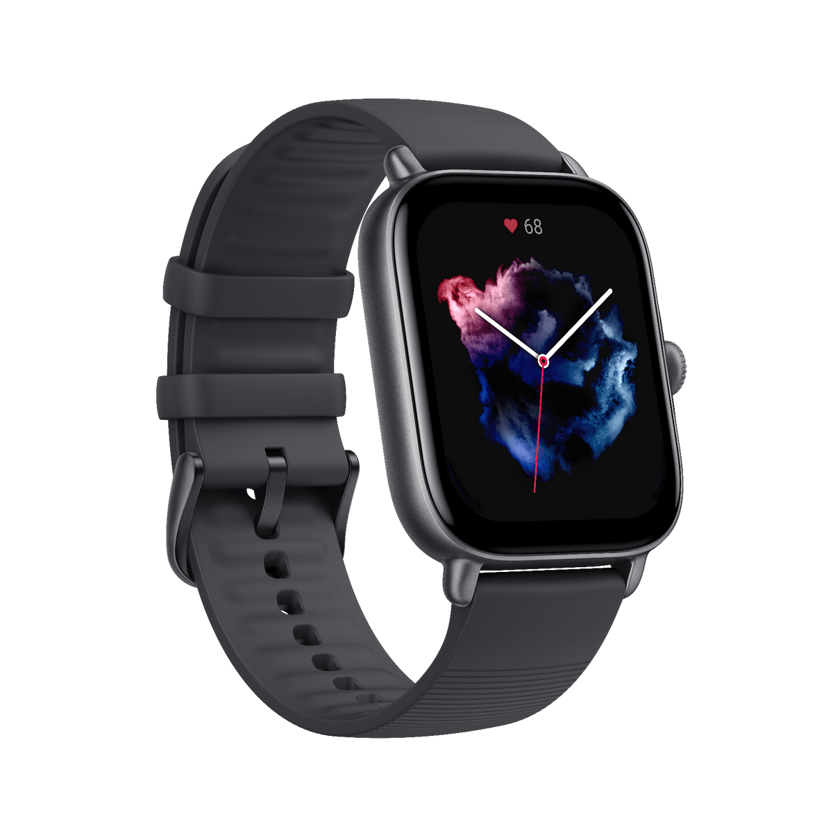 Smartwatch nero con display cardiofrequenzimetro. Cinturino nero, sfondo bianco.