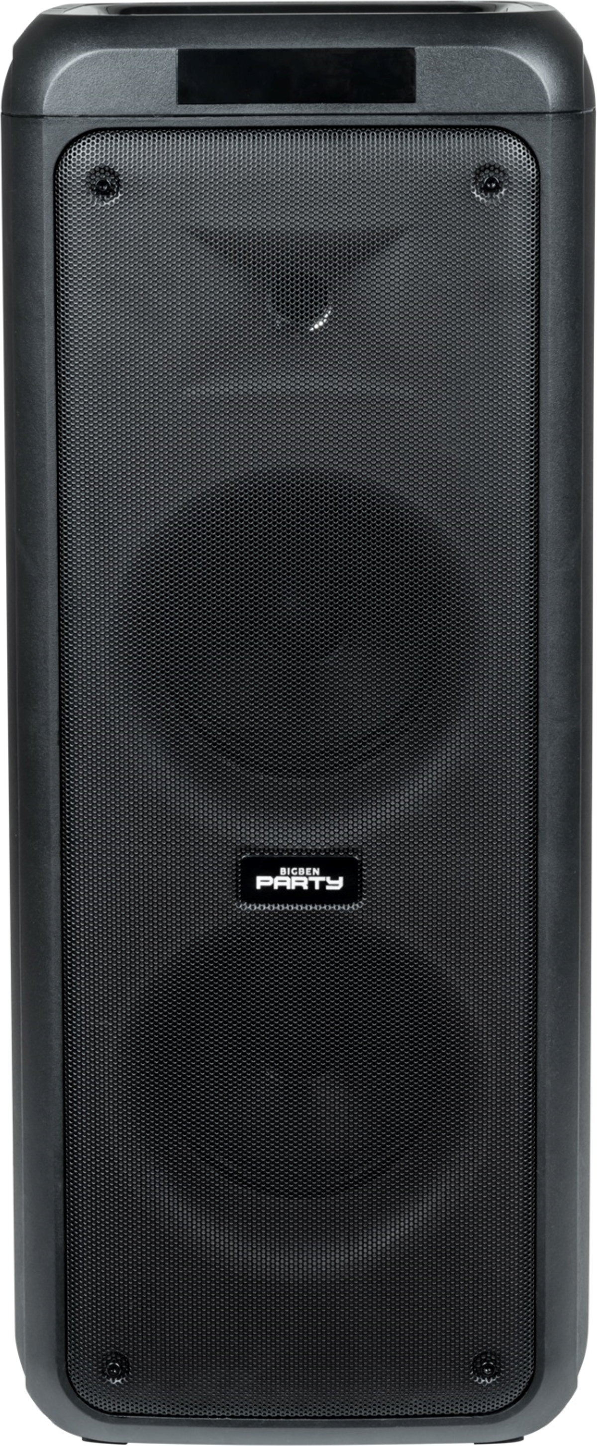 Altavoz negro alto con dos altavoces grandes, el logotipo 'SIGREN PARTY' y una superficie oscura texturizada.