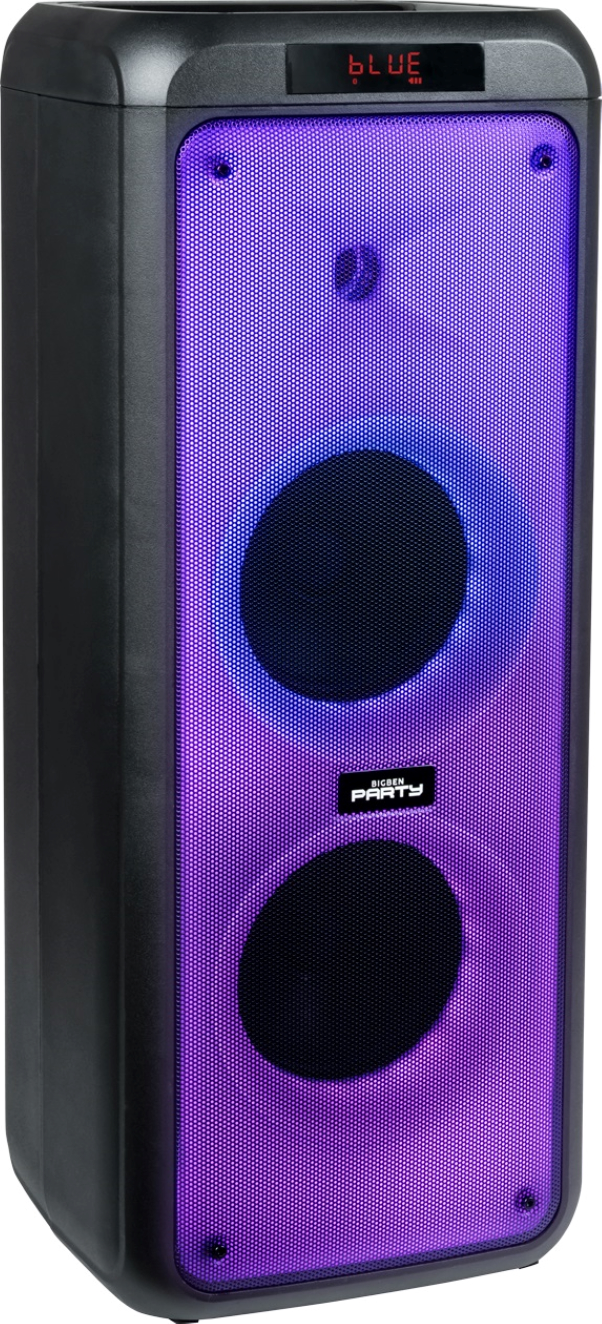 Altavoz negro alto con luces moradas y azules. Tiene dos grandes círculos negros para los altavoces.