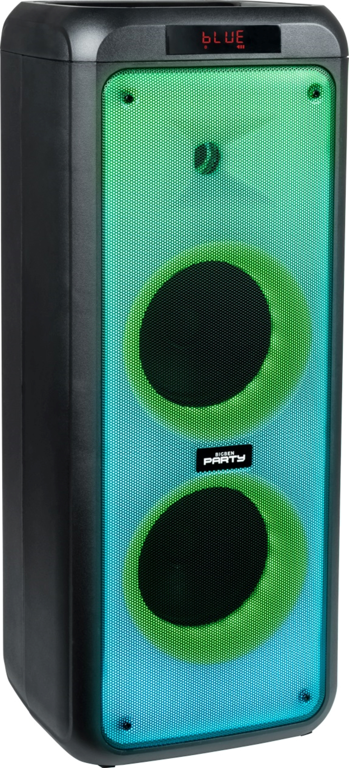 Altavoz negro alto con luces de colores. Luces verdes y azules visibles.