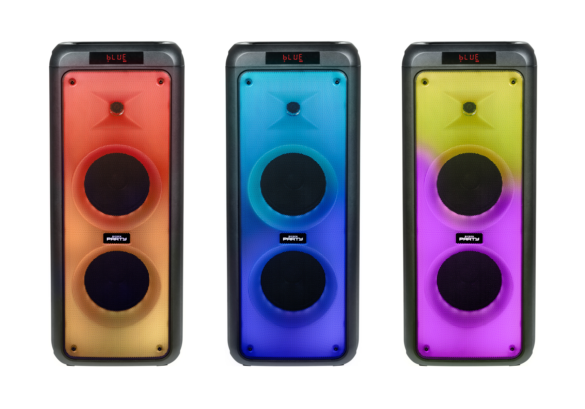 Tres altavoces coloridos con iluminación roja, azul y amarilla/púrpura.