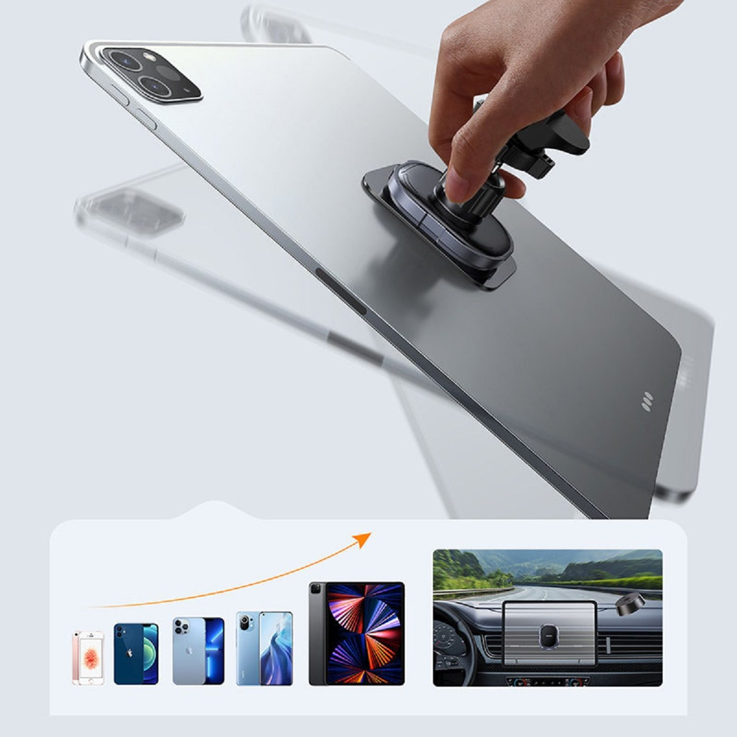 Tablet z uchwytem samochodowym, ręka trzyma uchwyt, różne rozmiary telefonów poniżej.
