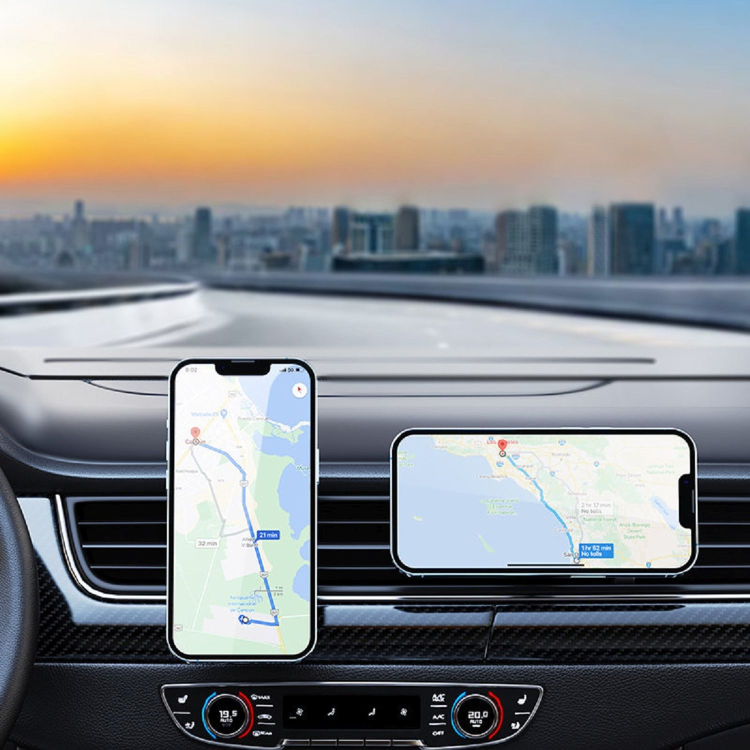 Dwa telefony z trasami map zamontowane na desce rozdzielczej samochodu, w tle panorama miasta.