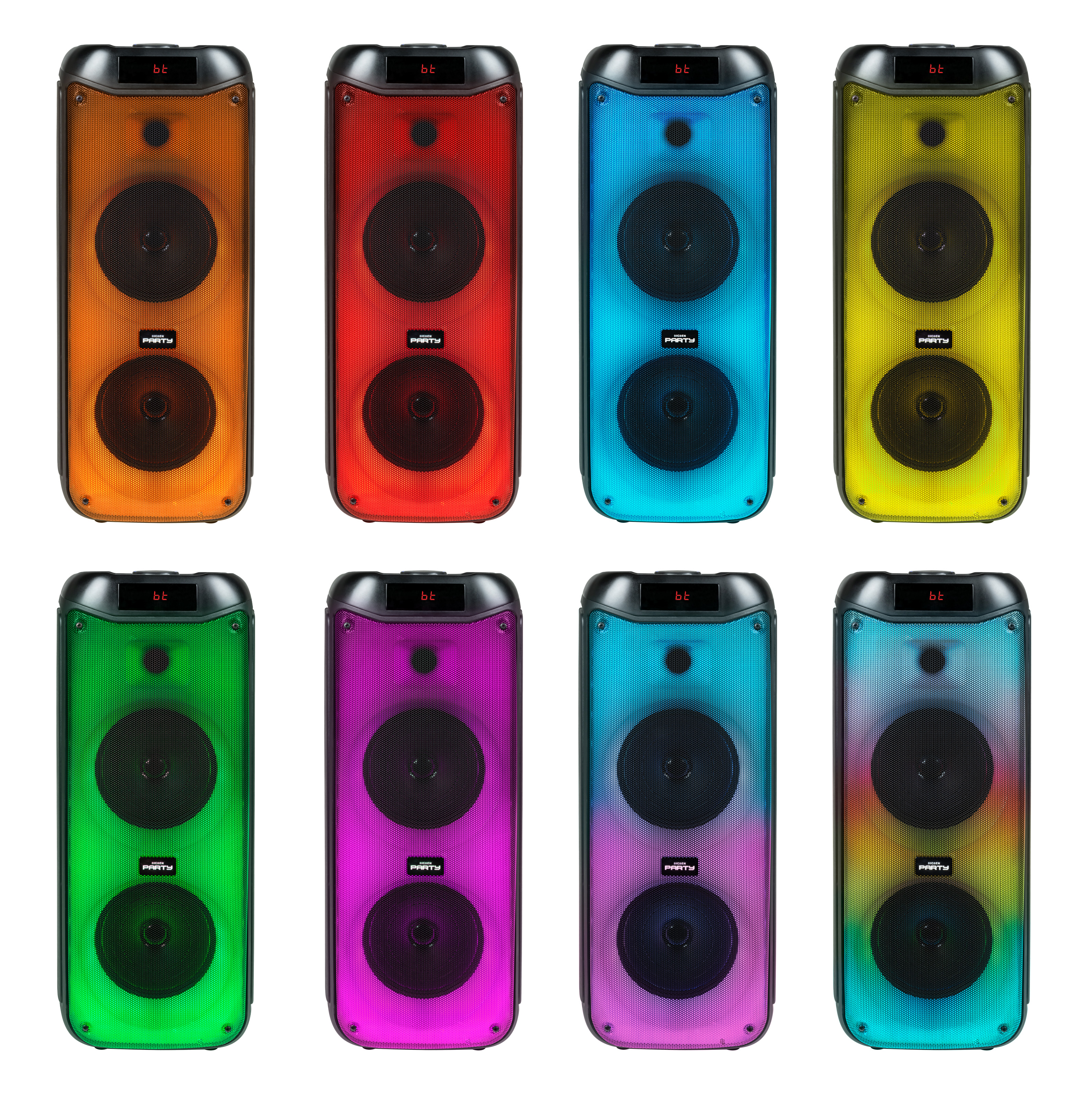 Otto altoparlanti in vari colori. Arancione, rosso, blu, giallo, verde, viola e multicolore.