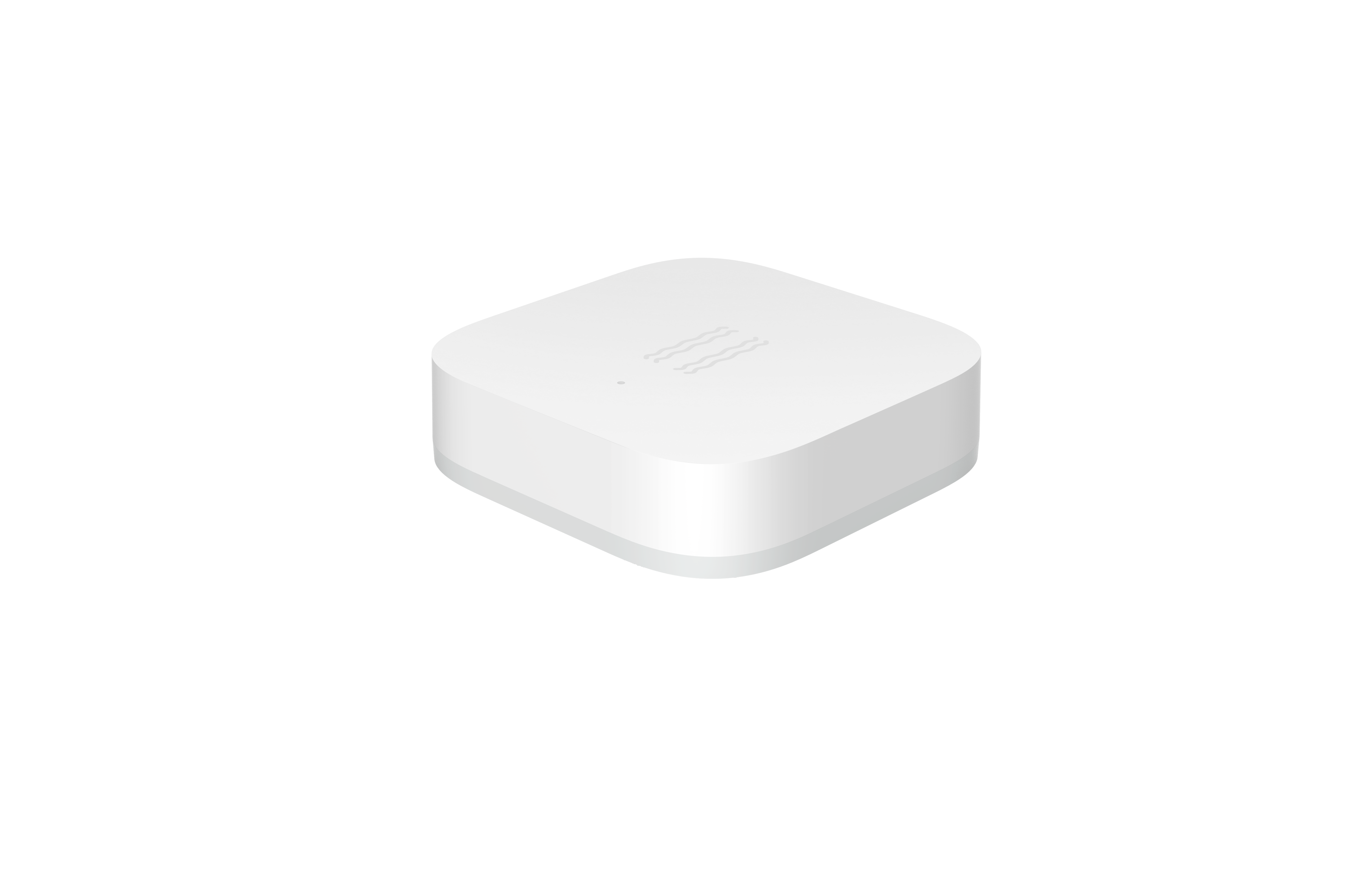 Weißer quadratischer Smart Home Hub. Schwarzer Hintergrund. Klein, flach, mit einem dezenten Logo oben.