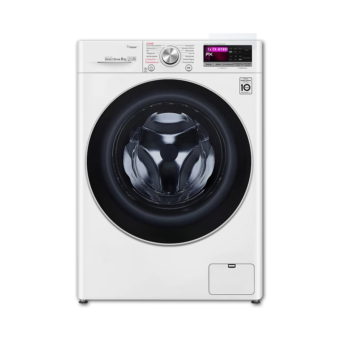 Weiße Waschmaschine von vorne mit schwarzer Tür und Bedienfeld.