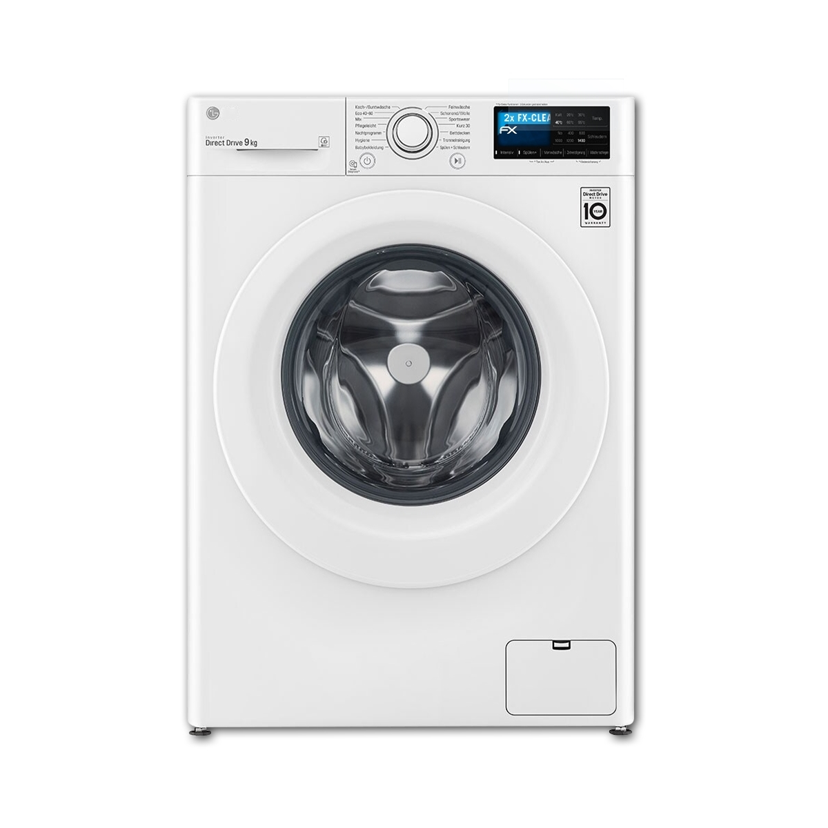 Eine weiße Waschmaschine mit angebrachter Displayschutzfolie. Sie hat ein Bedienfeld und eine Tür.