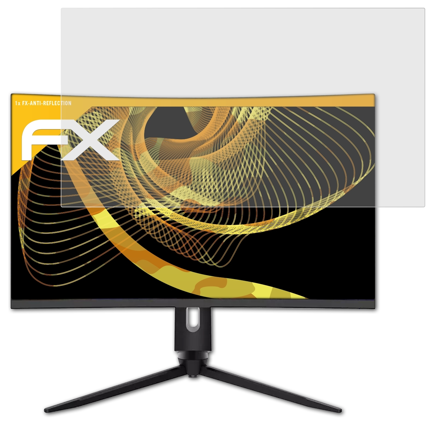 Gewölbter Monitor mit Design auf dem Bildschirm. Displayschutzfolie angebracht, transparent.