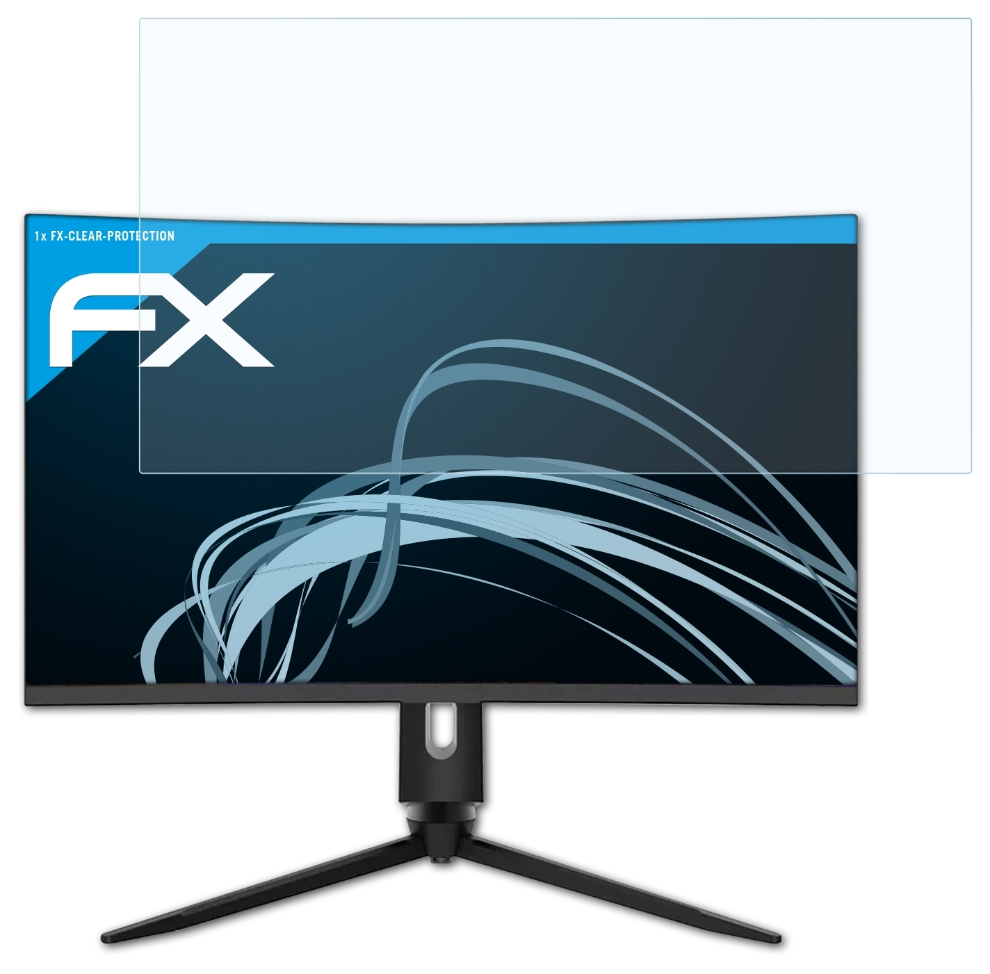 Schwarzer Monitor mit Displayschutz, FX-Logo und gebogenem Display. Blauer Farbverlauf.