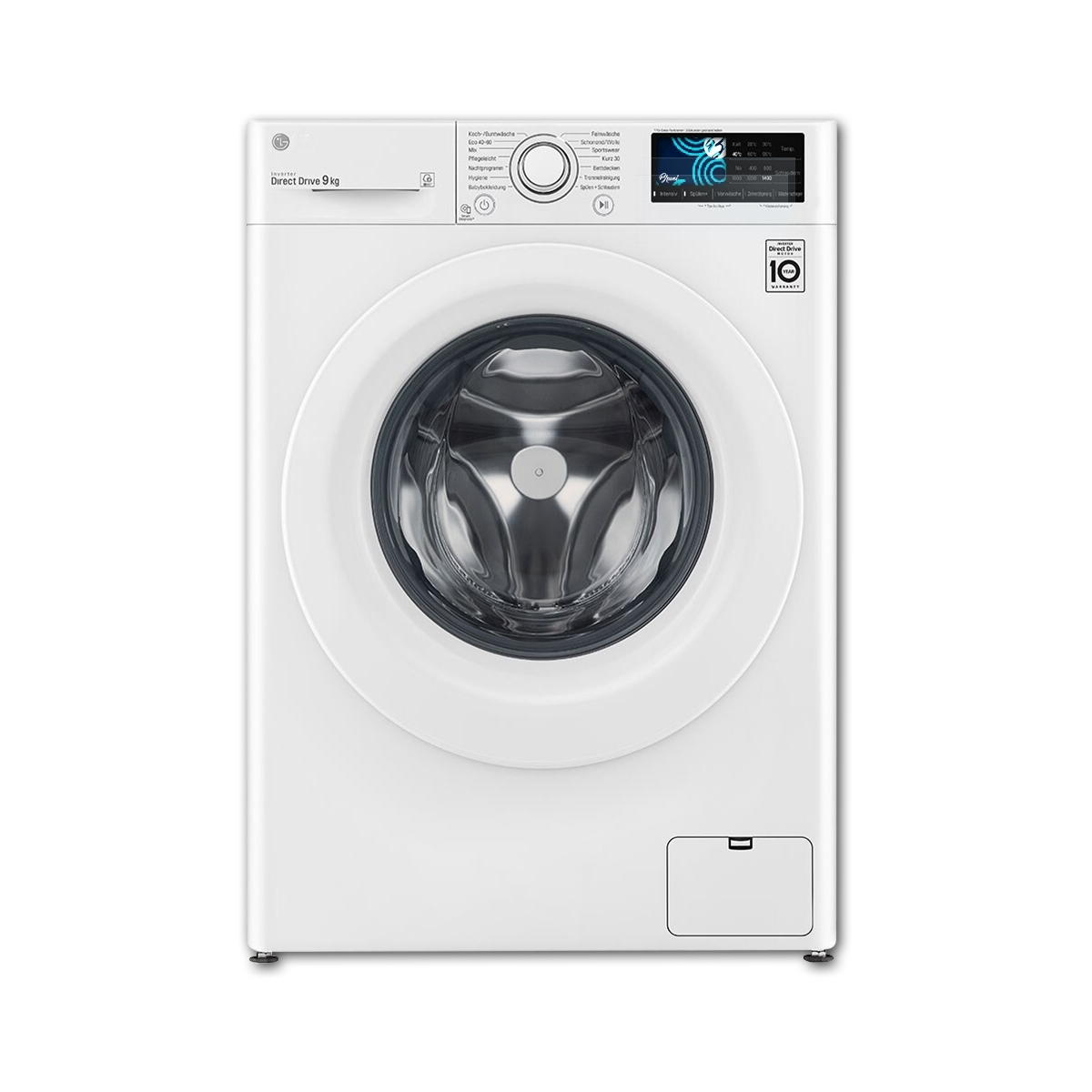 Eine weiße Waschmaschine mit Bildschirm und Bedienfeld, die geöffnete Tür zeigt.