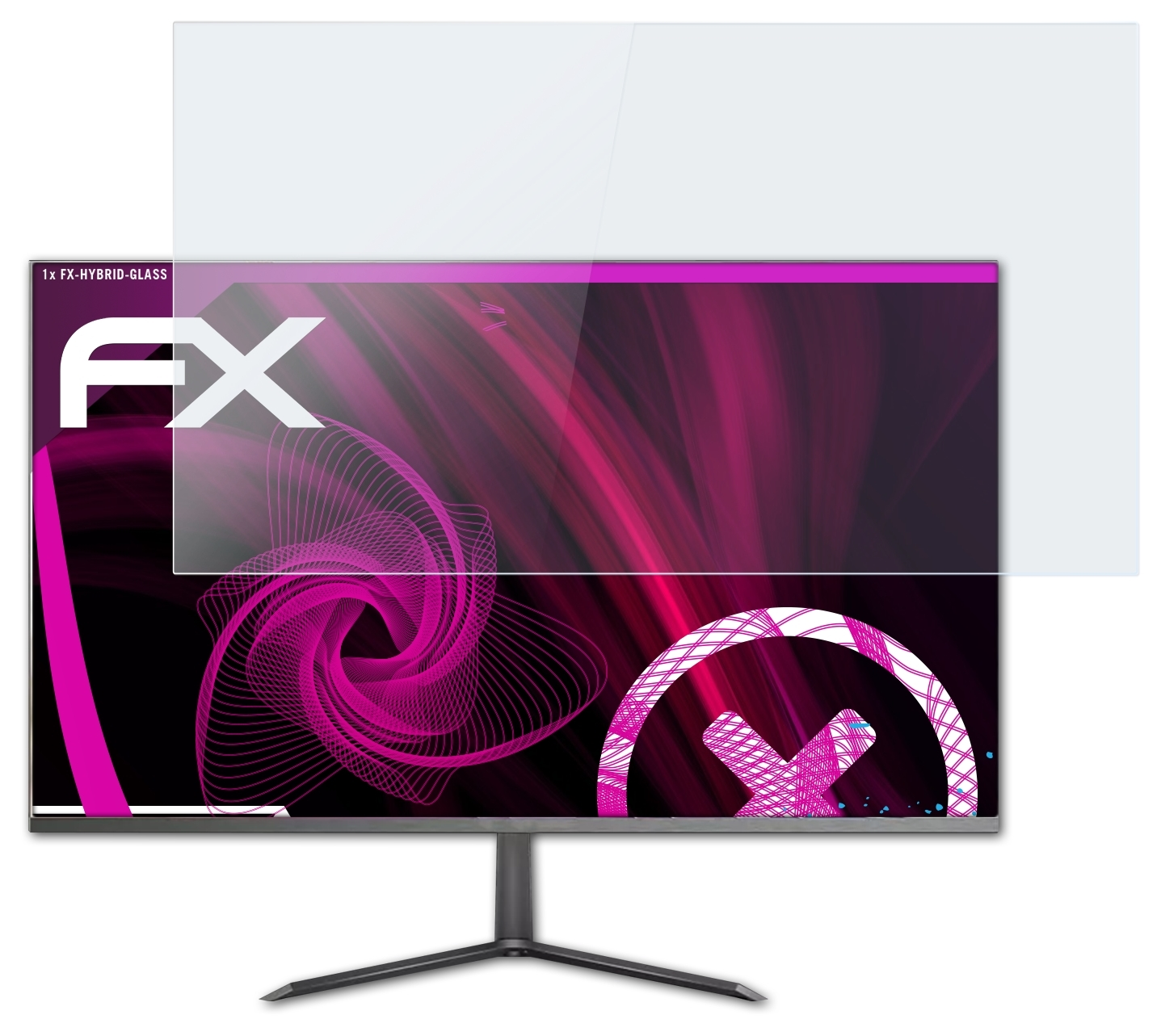 Ein Monitor mit Displayschutzfolie. Der Bildschirm ist rosa und hat ein Design.