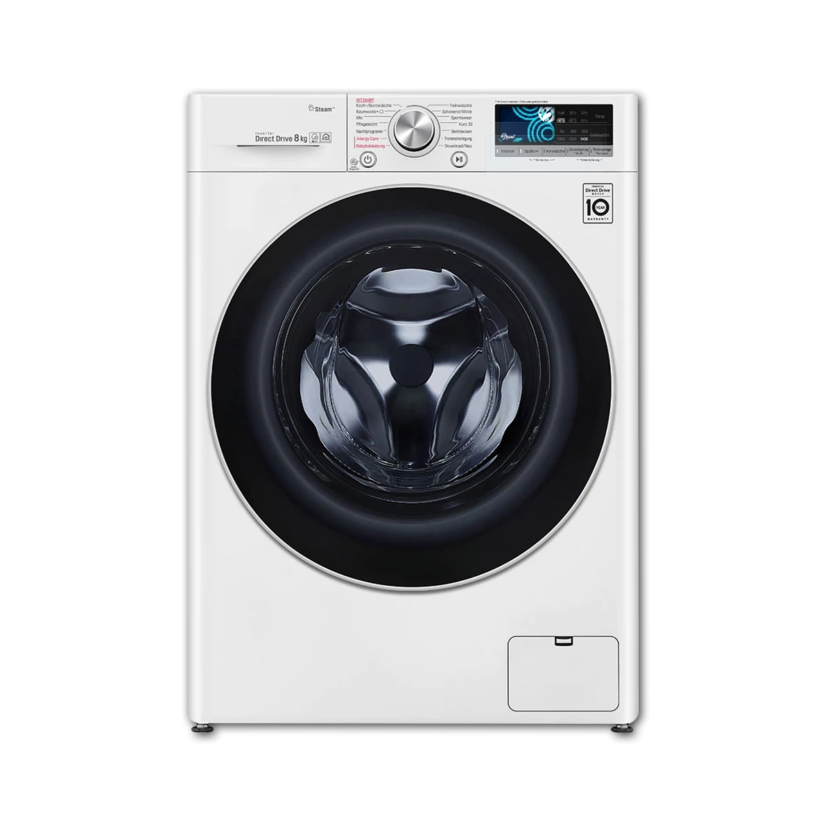 Weiße Waschmaschine mit schwarzer Tür und Bildschirm.