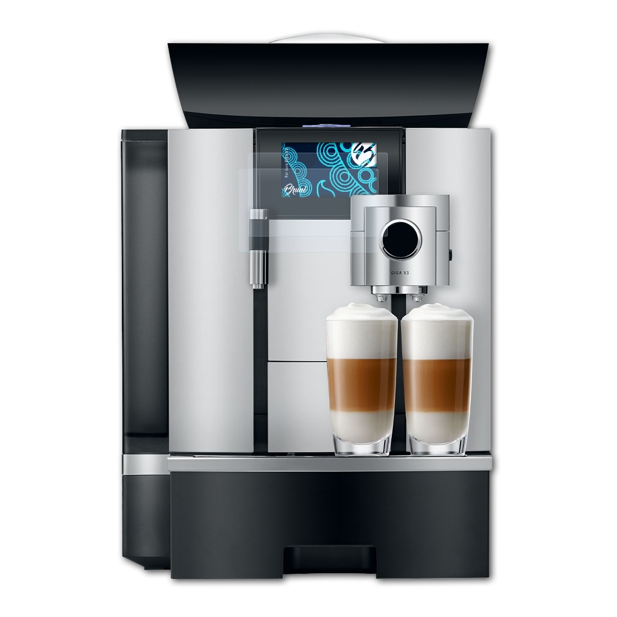Kaffeemaschine mit zwei Latte Macchiato, mit Displayschutz. Die Maschine ist silber und schwarz.