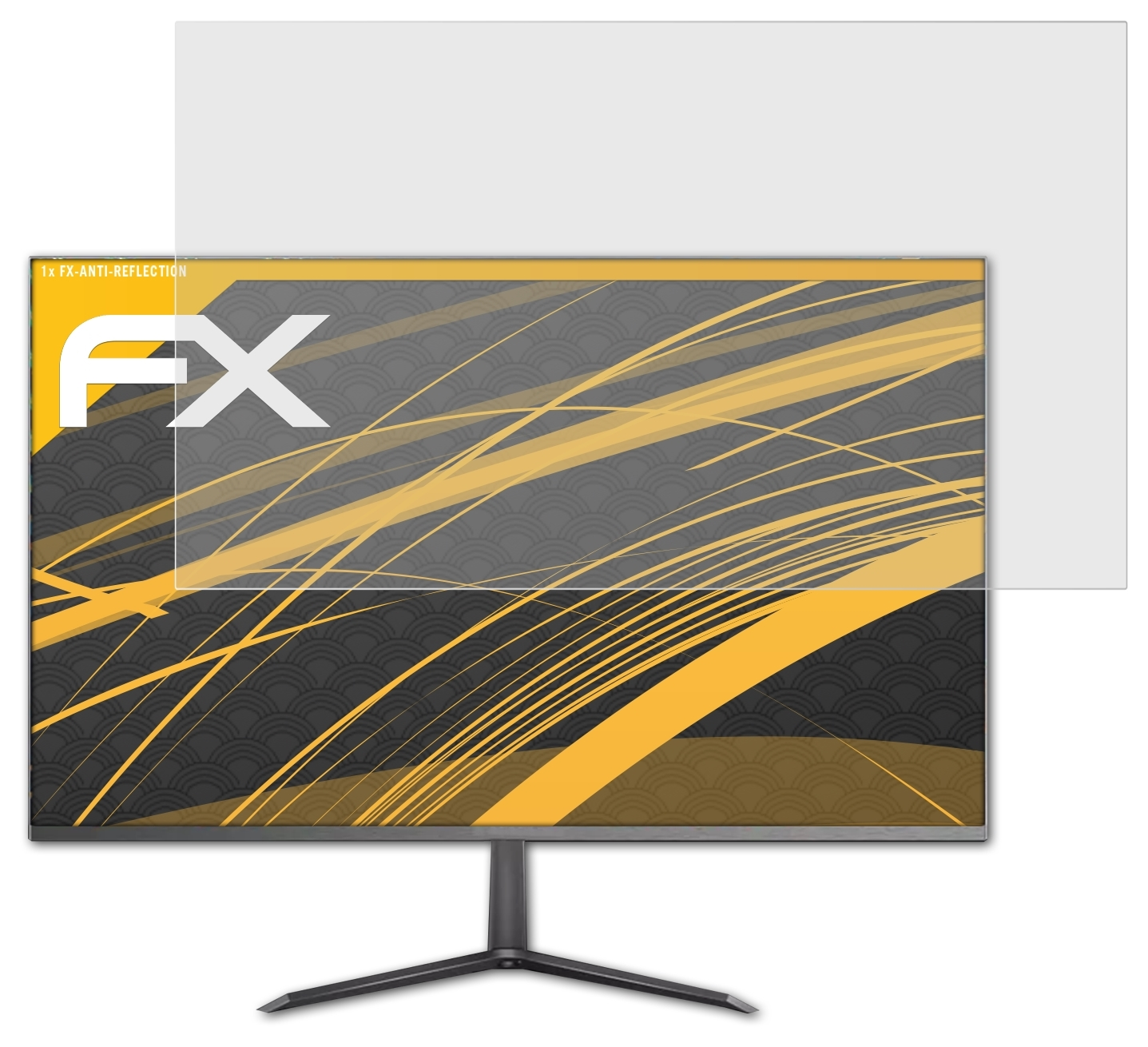 Monitor mit Displayschutz. Er hat ein FX-Logo und ein Gold-Schwarz-Design auf dem Bildschirm.