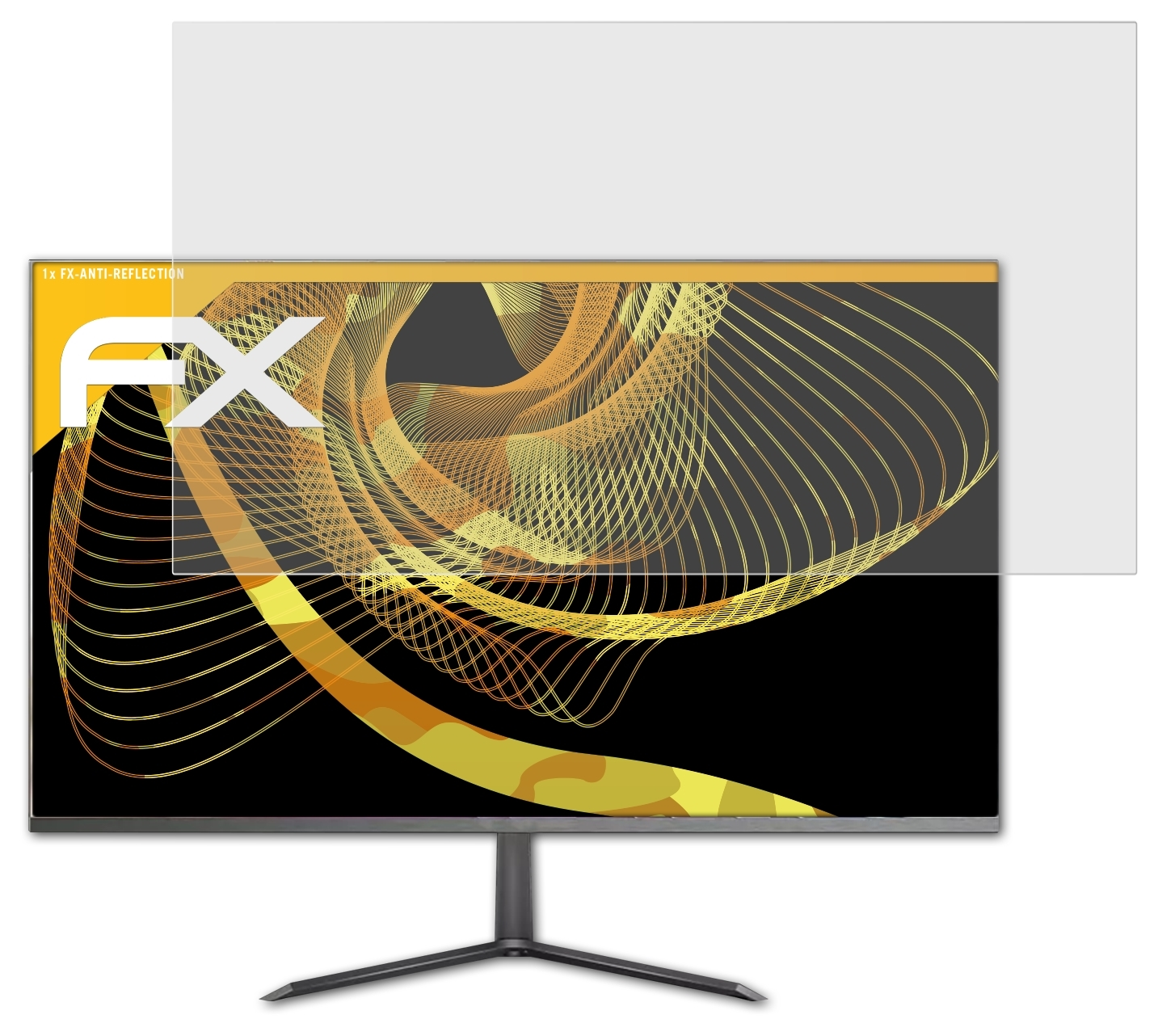 Monitor mit Displayschutz. Der Bildschirm zeigt ein Gold-Schwarz-Design mit dem FX-Logo.