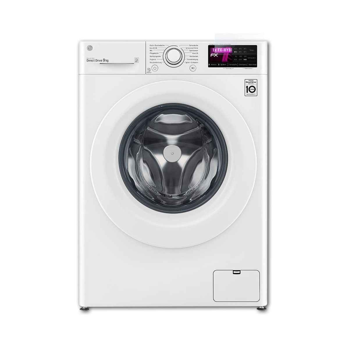 Weiße Waschmaschine mit Displayschutz, Digitalanzeige, klarer Schutz.