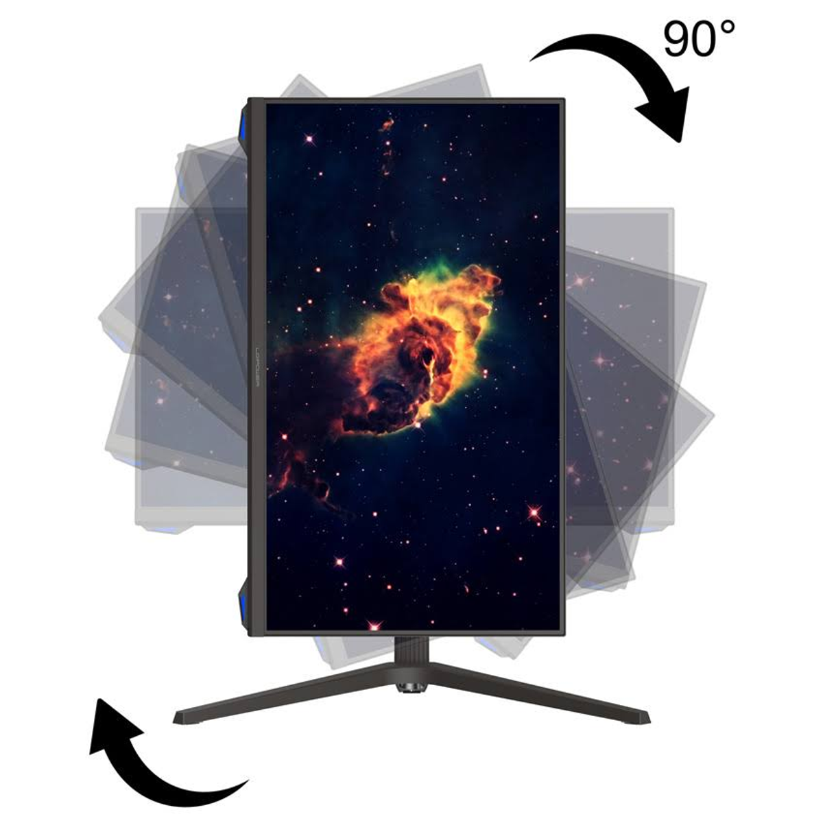 Ein Monitor mit einer Weltraumszene, der sich mit Pfeilen dreht, auf weißem Hintergrund.