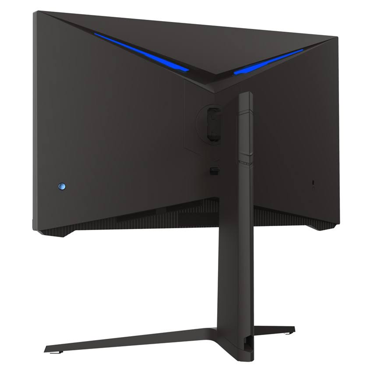 Die Rückseite eines schwarzen Computermonitors mit blauen Akzenten und Ständer.